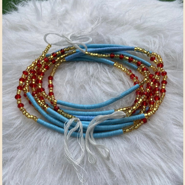 Aqua Ruby Flame Waist Beads, Traditional Tie-on African Waist Beads - Handcrafted in Ghana