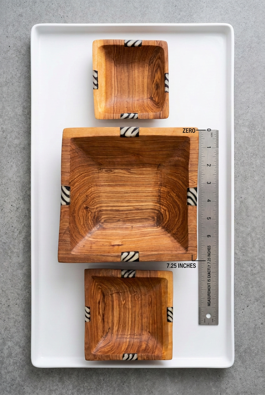 African Olive Wood Square Nesting Bowls with Bone Inlay – Set of 3