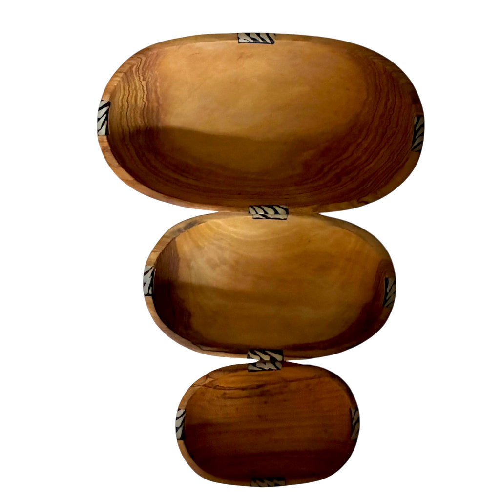 Kenyan Olive Wood Nesting Bowls with Bone Inlay Set of 3: Oval Shape