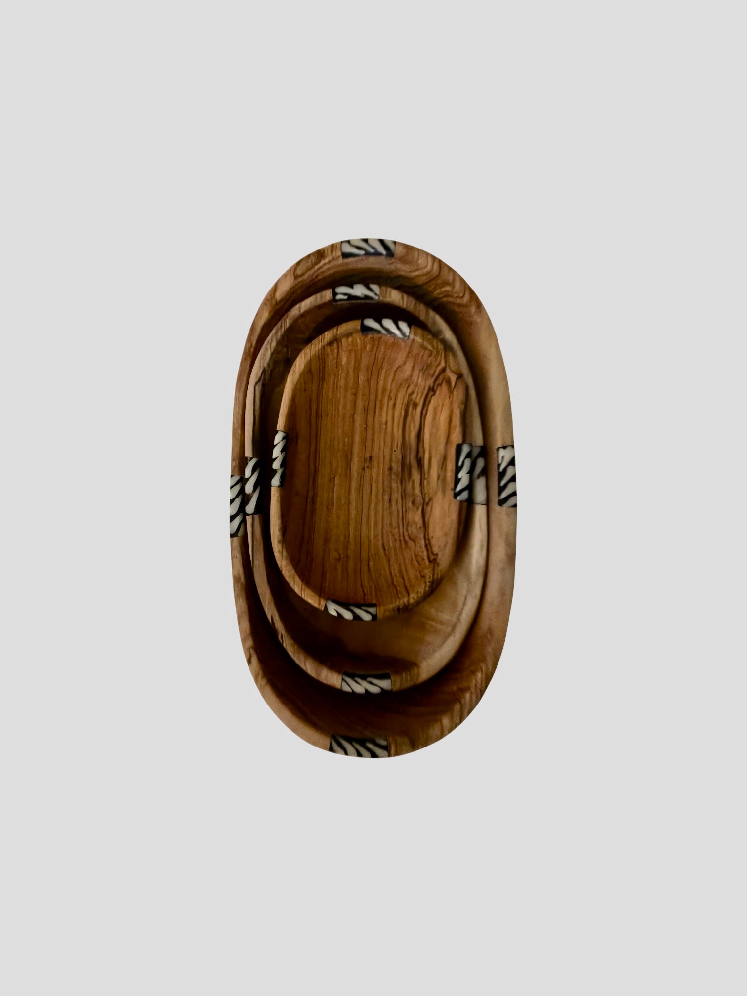 Kenyan Olive Wood Nesting Bowls with Bone Inlay Set of 3: Oval Shape