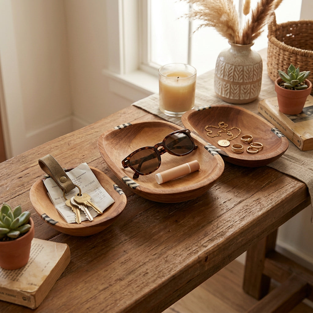 Handmade Kenyan Olive Wood Nesting Bowls with Bone Inlay Set of 3: Oval Shape
