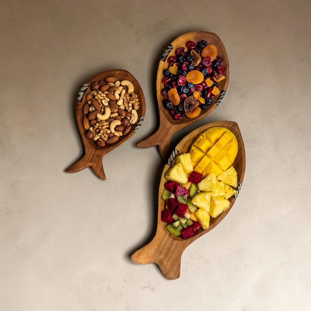 Kenyan Olive Wood Fish Serving Bowls with Bone Inlay – Set of 3 | M4:19
