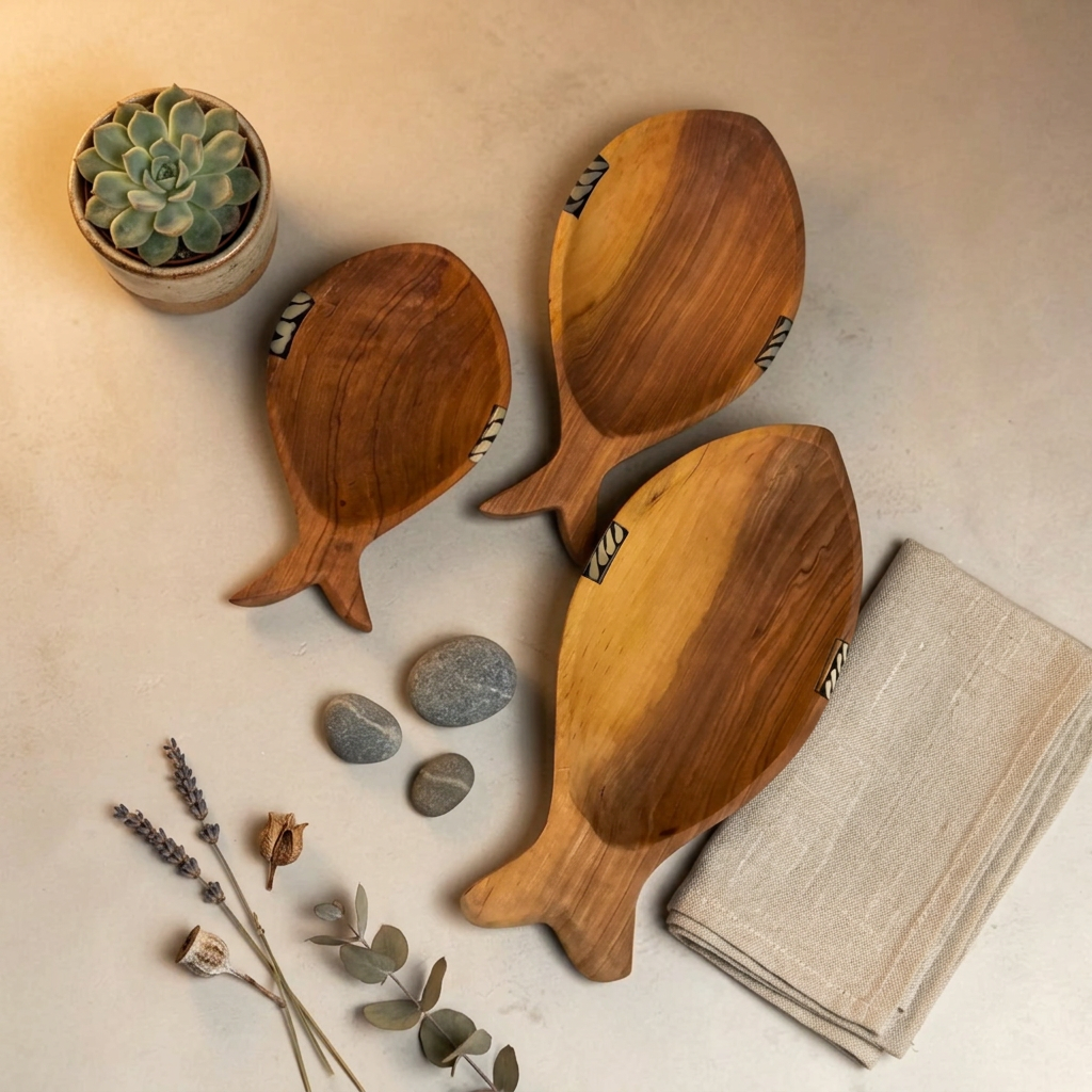 Kenyan Olive Wood Fish Serving Bowls with Bone Inlay – Set of 3 | M4:19