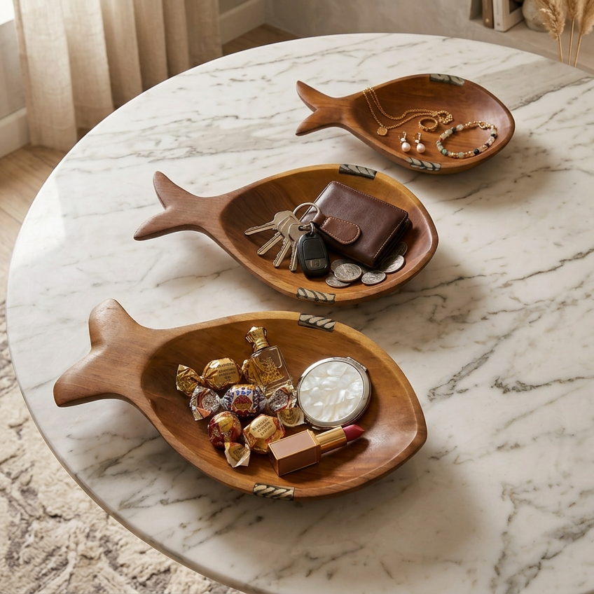 Kenyan Olive Wood Fish Serving Bowls with Bone Inlay – Set of 3 | M4:19