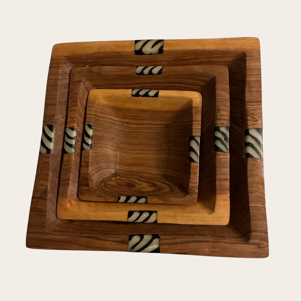 African Olive Wood Square Nesting Bowls with Bone Inlay – Set of 3