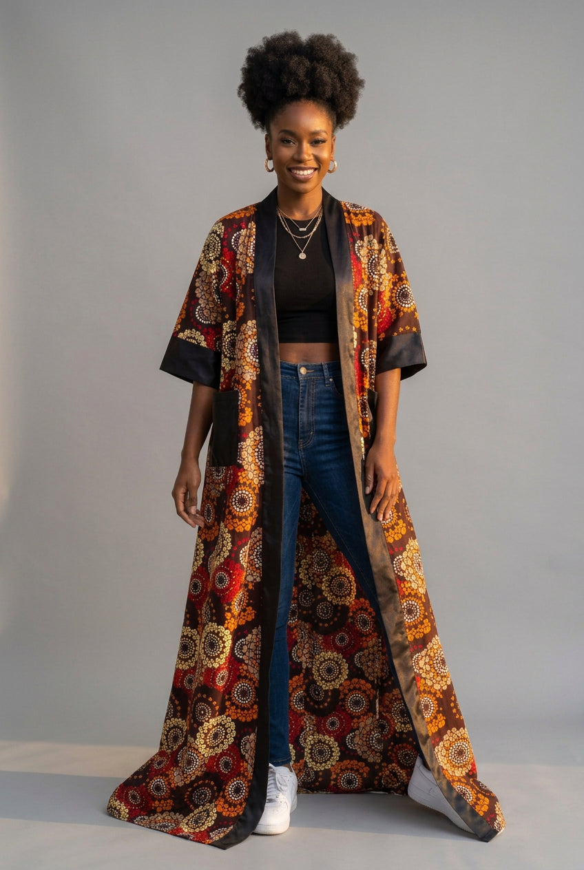 Ember Bloom Long Ankara Kimono - Handmade in Ghana